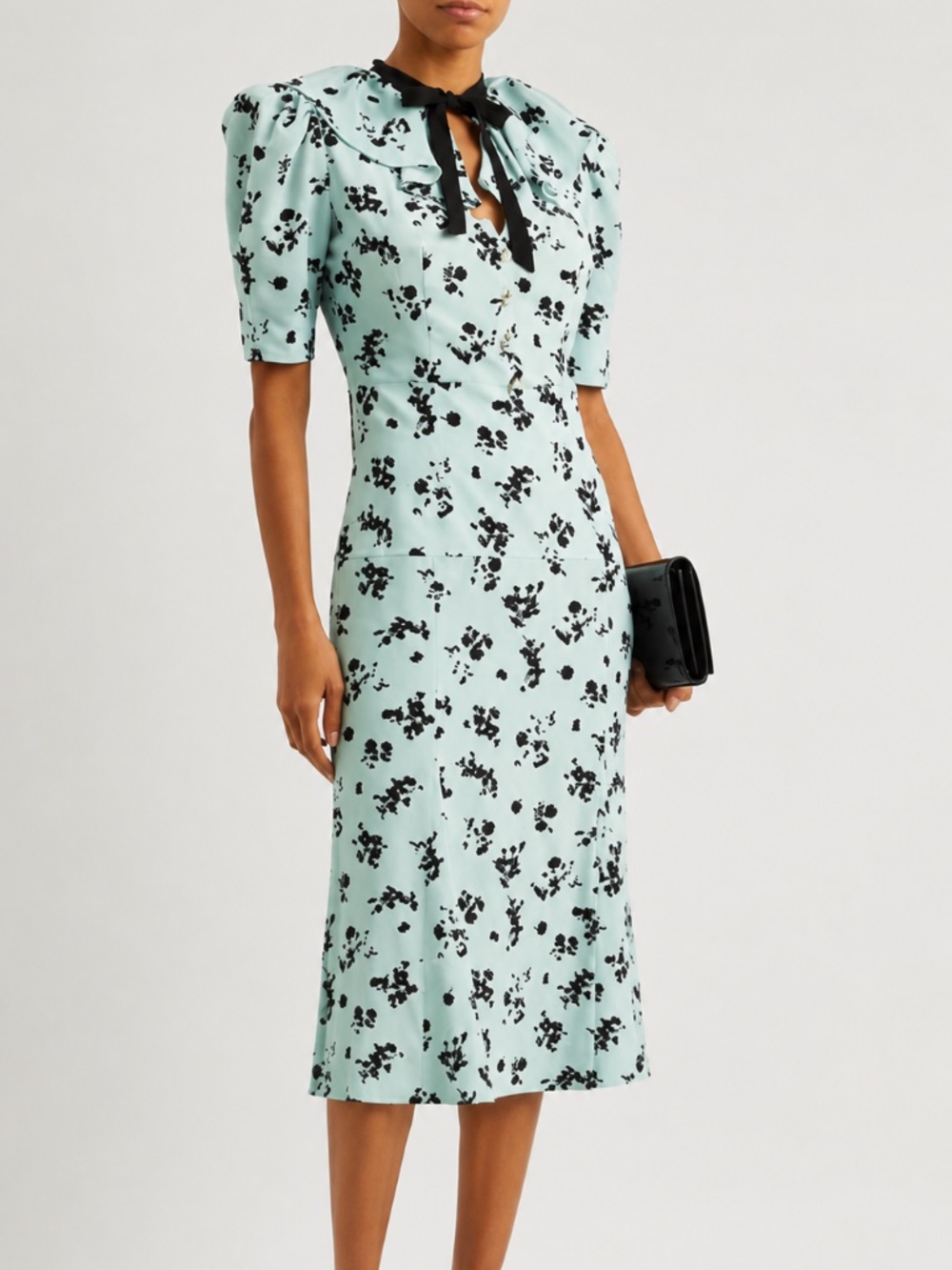 Alessandra rich bow detailed floral blue silk midi dress